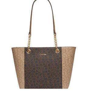 Calvin Klein Brown Signature Monogram Tote Bag, Leather, Double Handles, NWT!